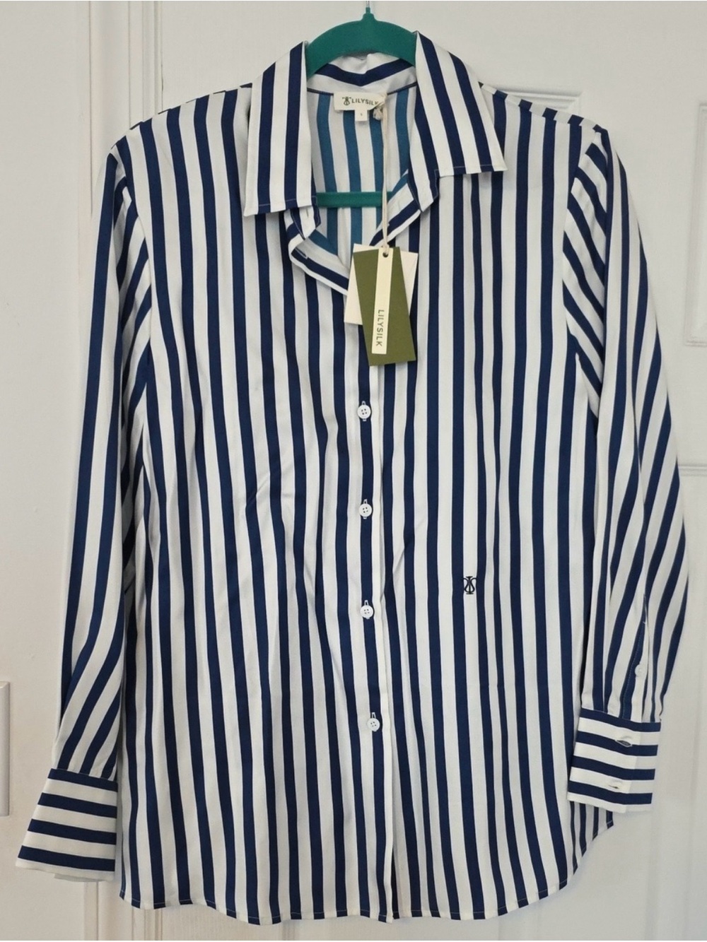 LILYSILK Striped Button-Up Blouse in Navy and White